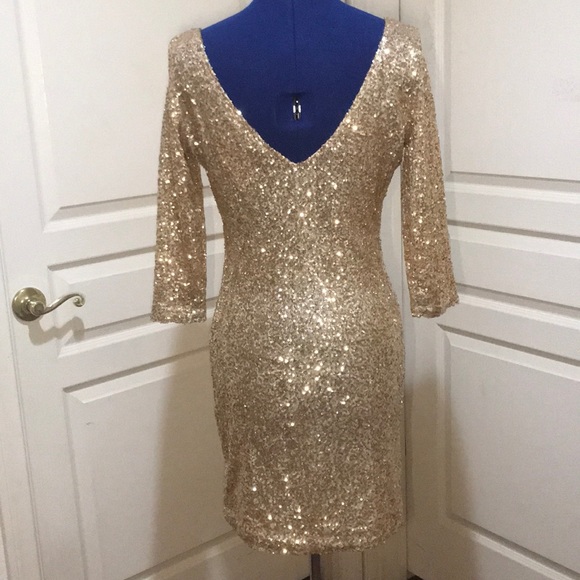 Gold Sequinned Forever 21 Bodycon Mini Dress Sz M - Picture 3 of 4